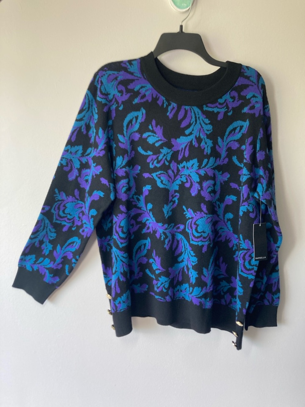 Rafaella crewneck sweater retro abstract print gold tone retro button accents 3X - Picture 11 of 17